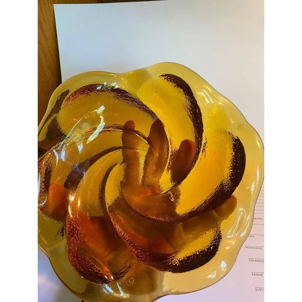 Vintage Amber Heavy Glass Bowl Dish MCM Home Decor Swirl‎ Petal Excellent